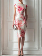 Pink Floral Satin Boat Neck Short Sleeve Sheath Midi Dress