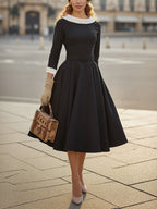 Midi Cotton Dress, Half Sleeve, Round Neck, Plain, Belt Design, Vintage, Black