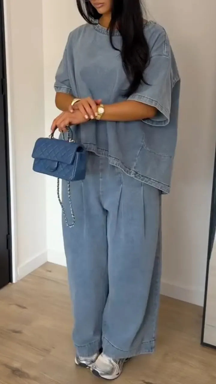 Women's Washed Blue Loose Wide-Leg Denim Trousers – Two-Piece Set