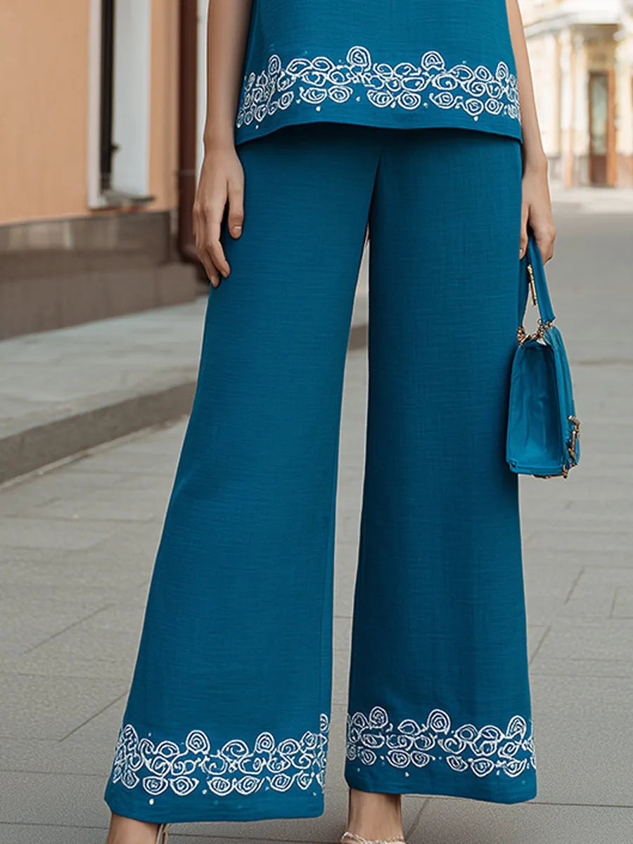 Elegant Embroidered Sleeveless Top & Wide Leg Pants Two-Piece Set