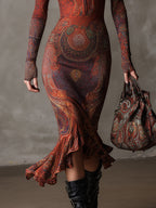 Bohemian Half-zip Ethnic Printed Knitted Fishtail Hem Midi Dress