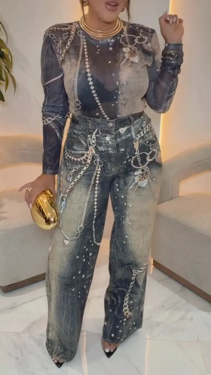Mesh Top & Printed Denim Pants Outfit