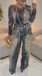 Mesh Top & Printed Denim Pants Outfit