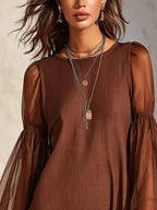 Brown Sheer Bell Sleeve Cotton-Linen Mini Dress