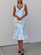 White Pink Floral V Neck Sleeveless Mermaid Midi Dress