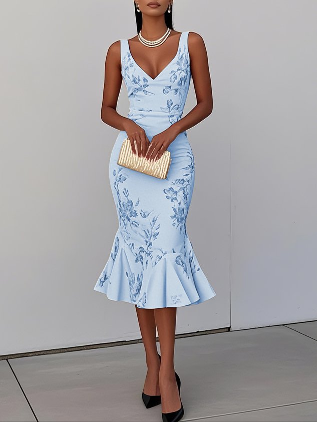 White Pink Floral V Neck Sleeveless Mermaid Midi Dress