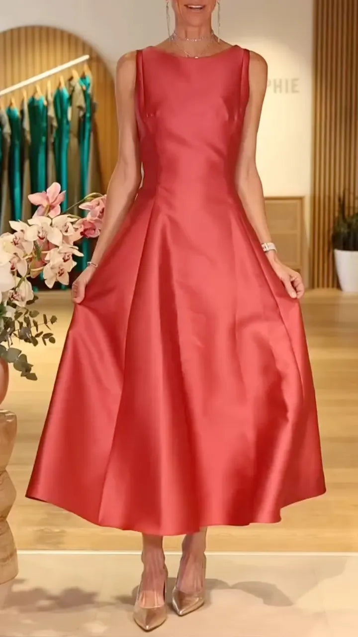 Coral Sleeveless Satin Midi Swing Dress
