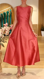 Coral Sleeveless Satin Midi Swing Dress