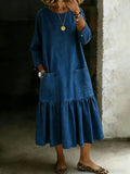 Women's Vintage Crew Neck Long-sleeved Casual Loose Denim Dress