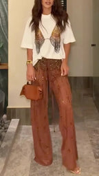 Rhinestone Butterfly Tee & Mesh Pants Two Piece Set