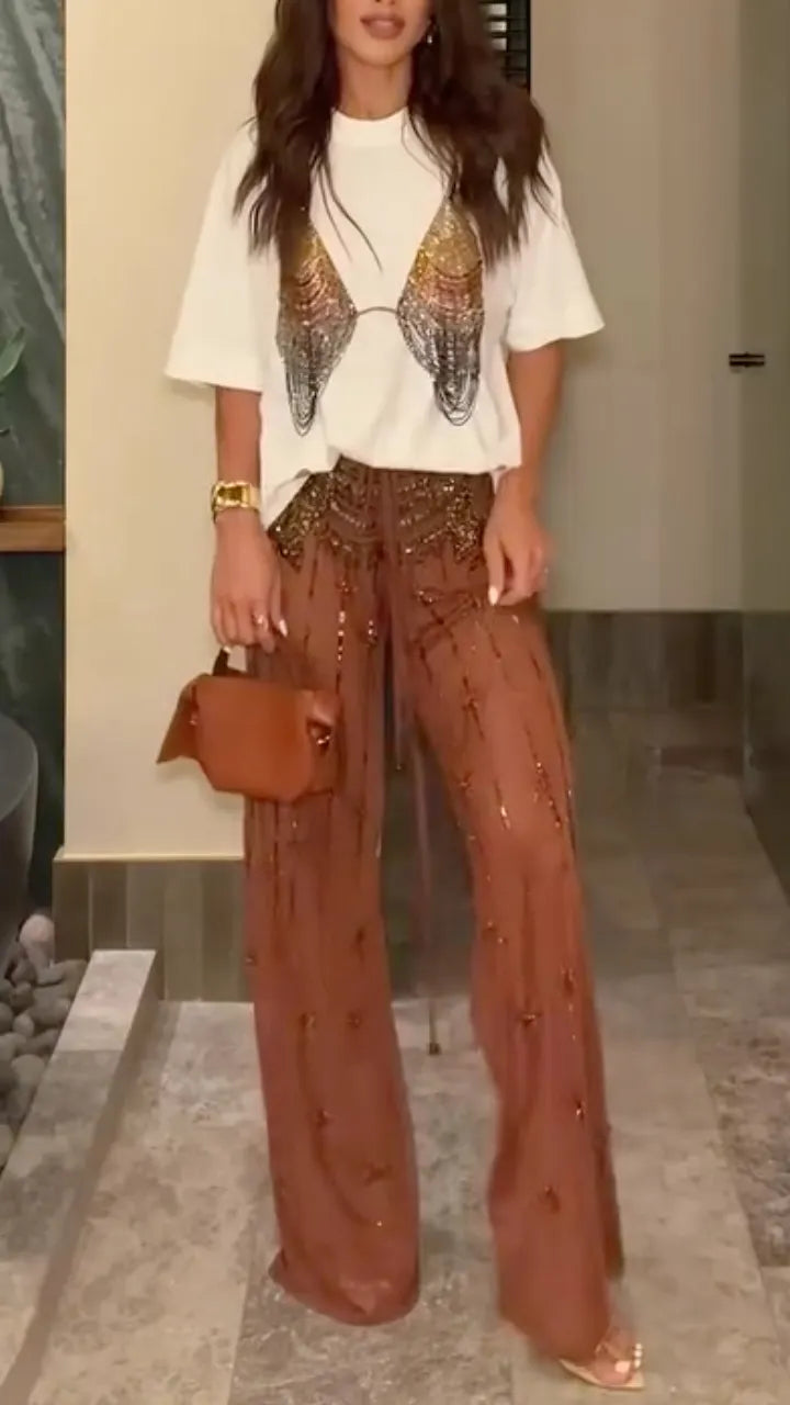 Rhinestone Butterfly Tee & Mesh Pants Two Piece Set