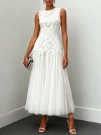 White Lace Classic Crew Neck Sleeveless A-Line Maxi Dress