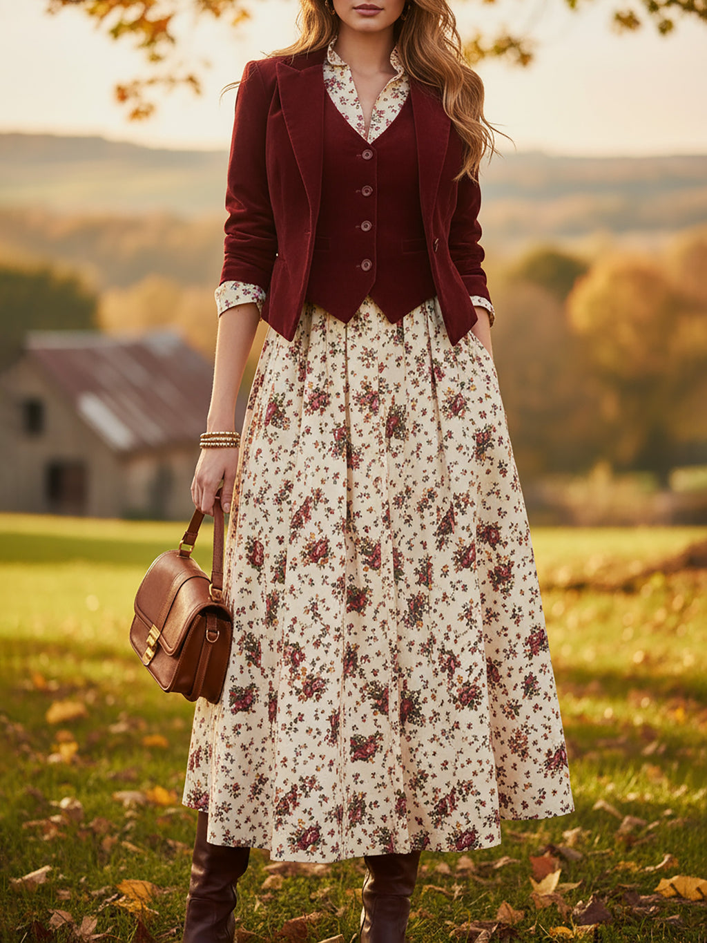 Midi Linen Dress, Long Sleeves, Shawl Collar, Floral, Belt Design, Vintage, Apricot