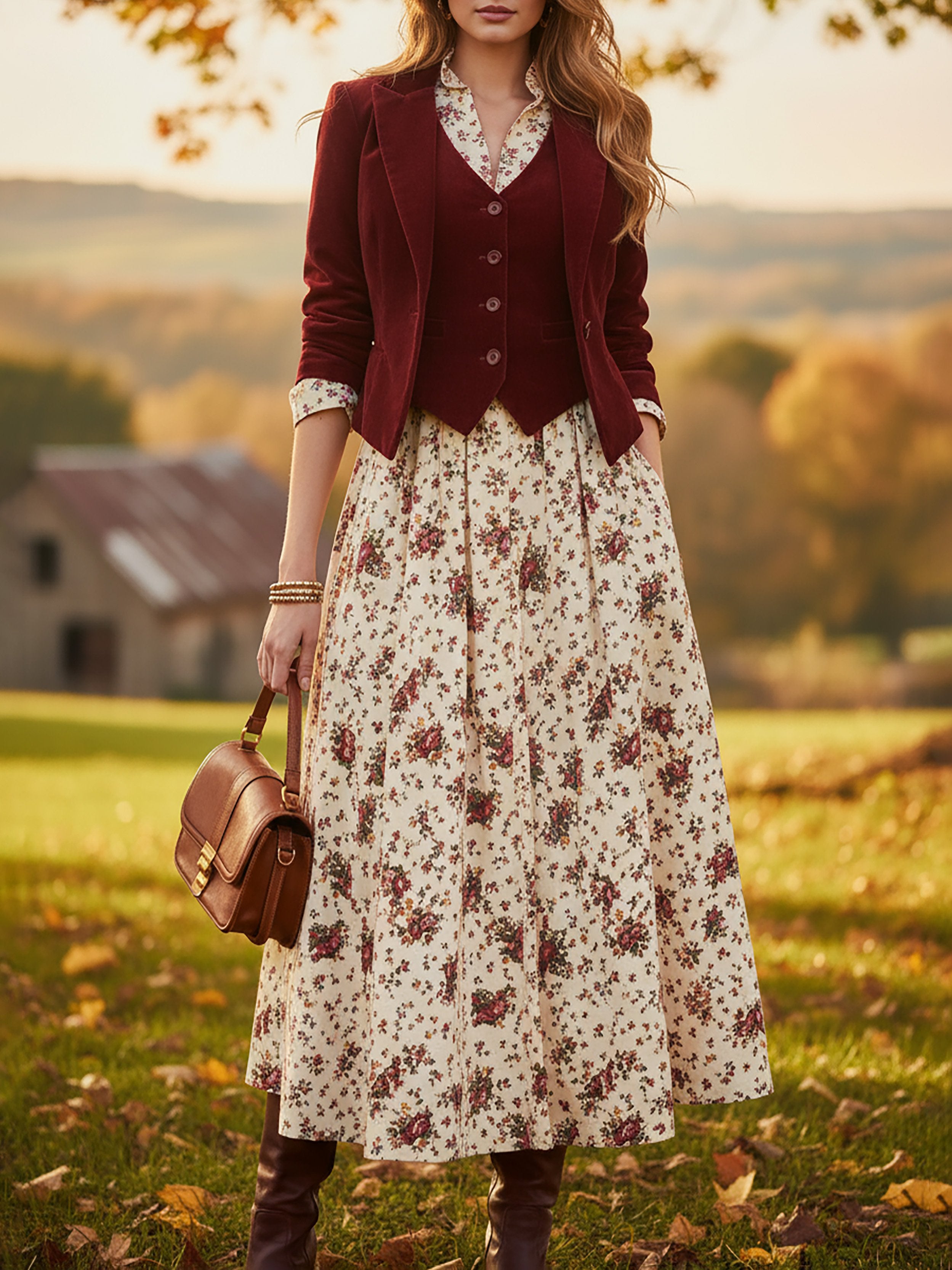 Midi Linen Dress, Long Sleeves, Shawl Collar, Floral, Belt Design, Vintage, Apricot