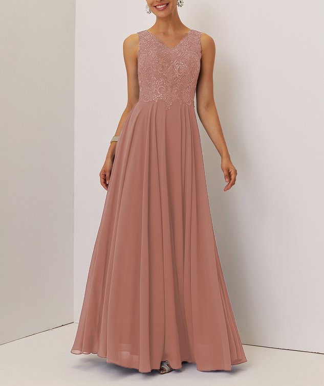 Blue Sequin Lace Chiffon V Neck Sleeveless A-Line Maxi Mother of the Bride or Groom Dress