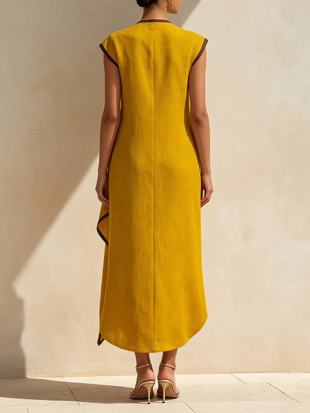 Asymmetrical Linen-Blend Midi Dress With Contrast Trim And Statement Buttons