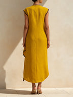 Asymmetrical Linen-Blend Midi Dress With Contrast Trim And Statement Buttons