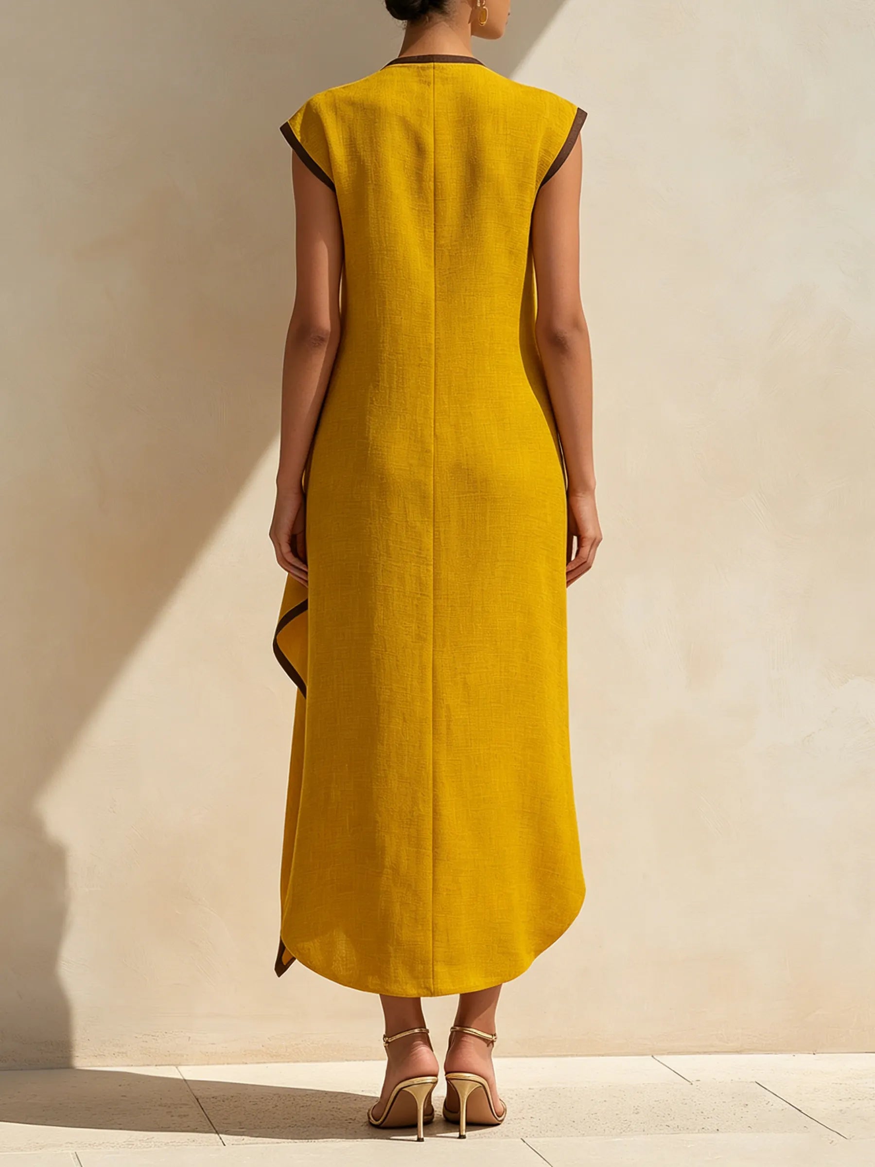 Asymmetrical Linen-Blend Midi Dress With Contrast Trim And Statement Buttons