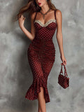 Retro Polka Dot Corset-Style Ruched Midi Dress
