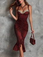 Retro Polka Dot Corset-Style Ruched Midi Dress