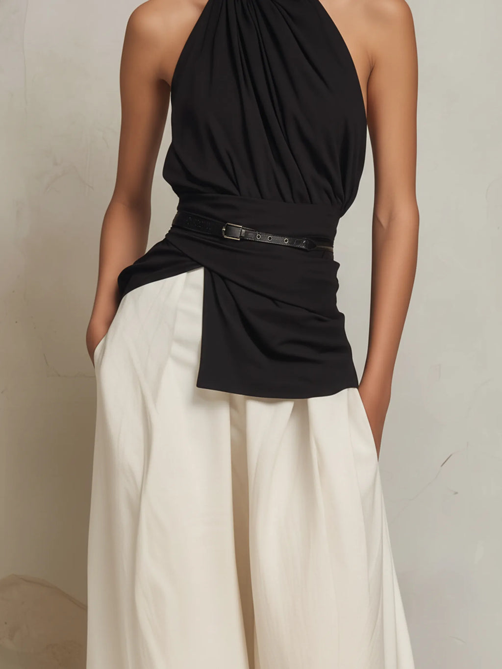 Black & White Halter Neck Two-Piece Wide-Leg Set With Belt