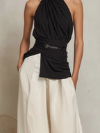 Black & White Halter Neck Two-Piece Wide-Leg Set With Belt