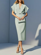 Light Blue Slit Classic V Neck Short Sleeve Dolman Sleeve Sheath Midi Dress With Belt