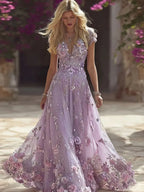 Vintage Boho Glitter Roses Embroidered Flowy Maxi Dress