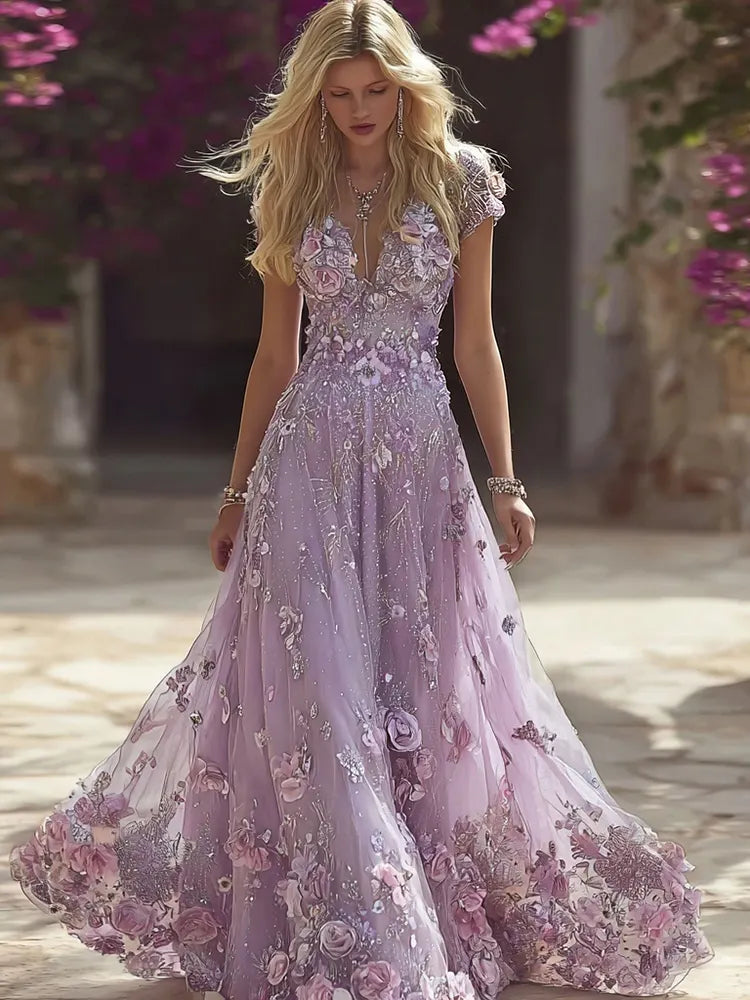 Vintage Boho Glitter Roses Embroidered Flowy Maxi Dress