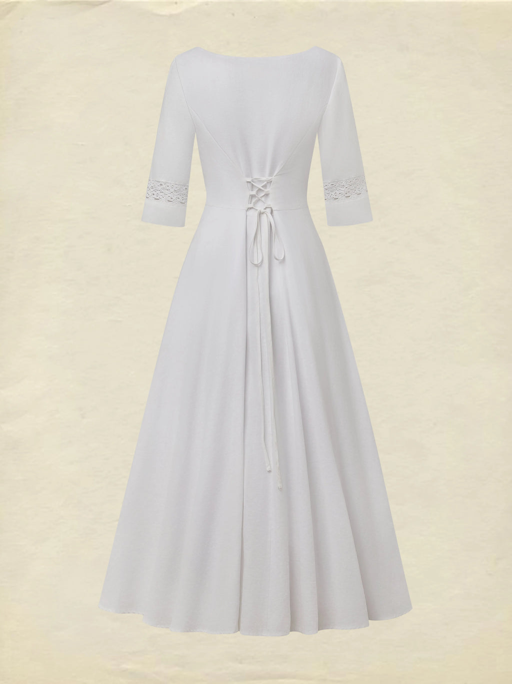 Midi Cotton Dress, Half Sleeve, Round Neck, Plain, Lace, Vacation, Vintage, White