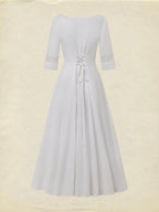 Midi Cotton Dress, Half Sleeve, Round Neck, Plain, Lace, Vacation, Vintage, White