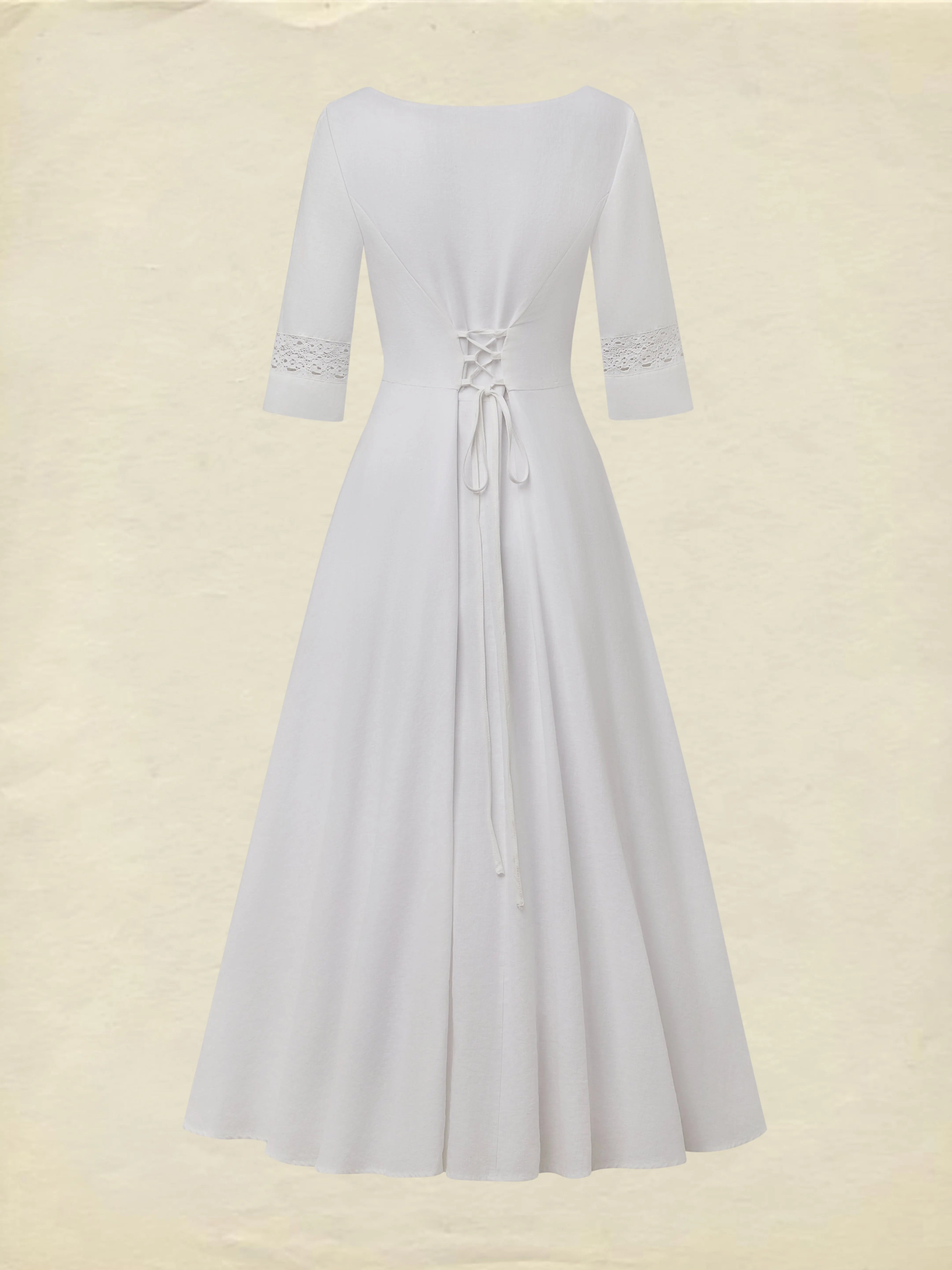 Midi Cotton Dress, Half Sleeve, Round Neck, Plain, Lace, Vacation, Vintage, White