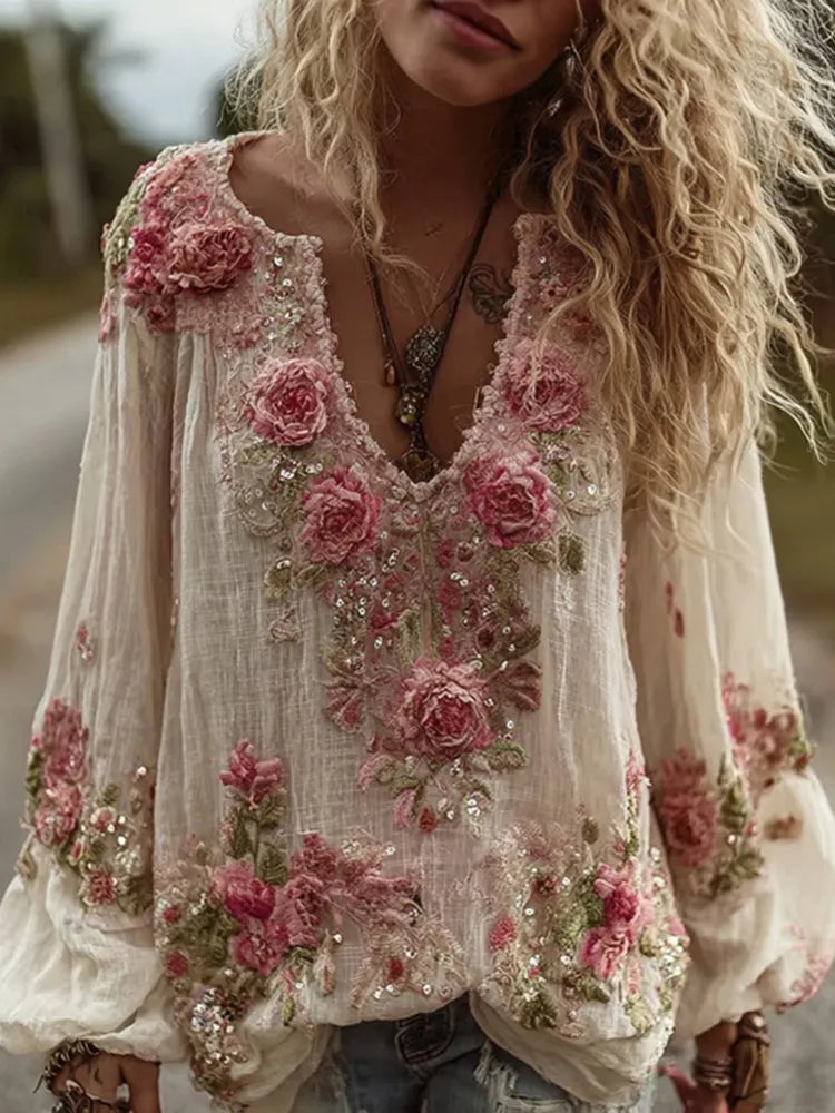 Women's Vintage Rose Floral Embroidery Art Comfy Linen Shirts