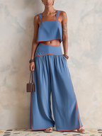 Blue & Orange Contrast Trim Cropped Cami & Wide-Leg Pants Co-ord Set