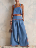 Blue & Orange Contrast Trim Cropped Cami & Wide-Leg Pants Co-ord Set