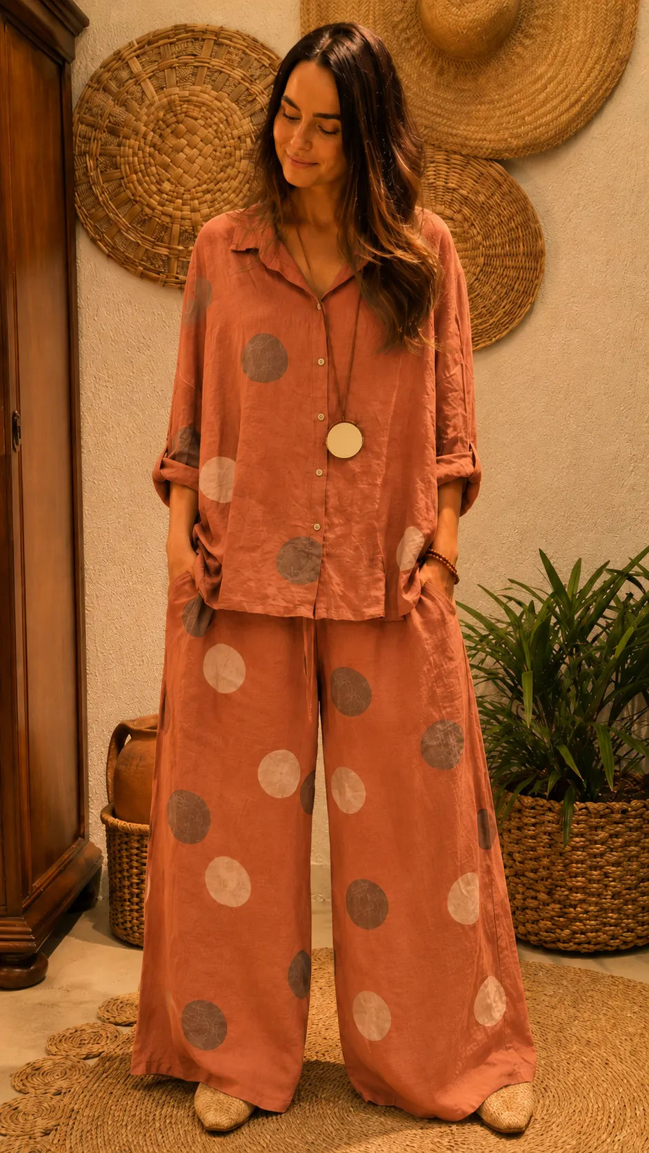 Women's Polka-Dot Linen Two-Piece Set