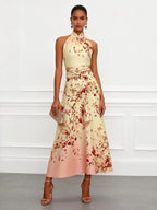 Pale Yellow Floral Classic Halter Mock Neck Sleeveless A-Line Maxi Dress