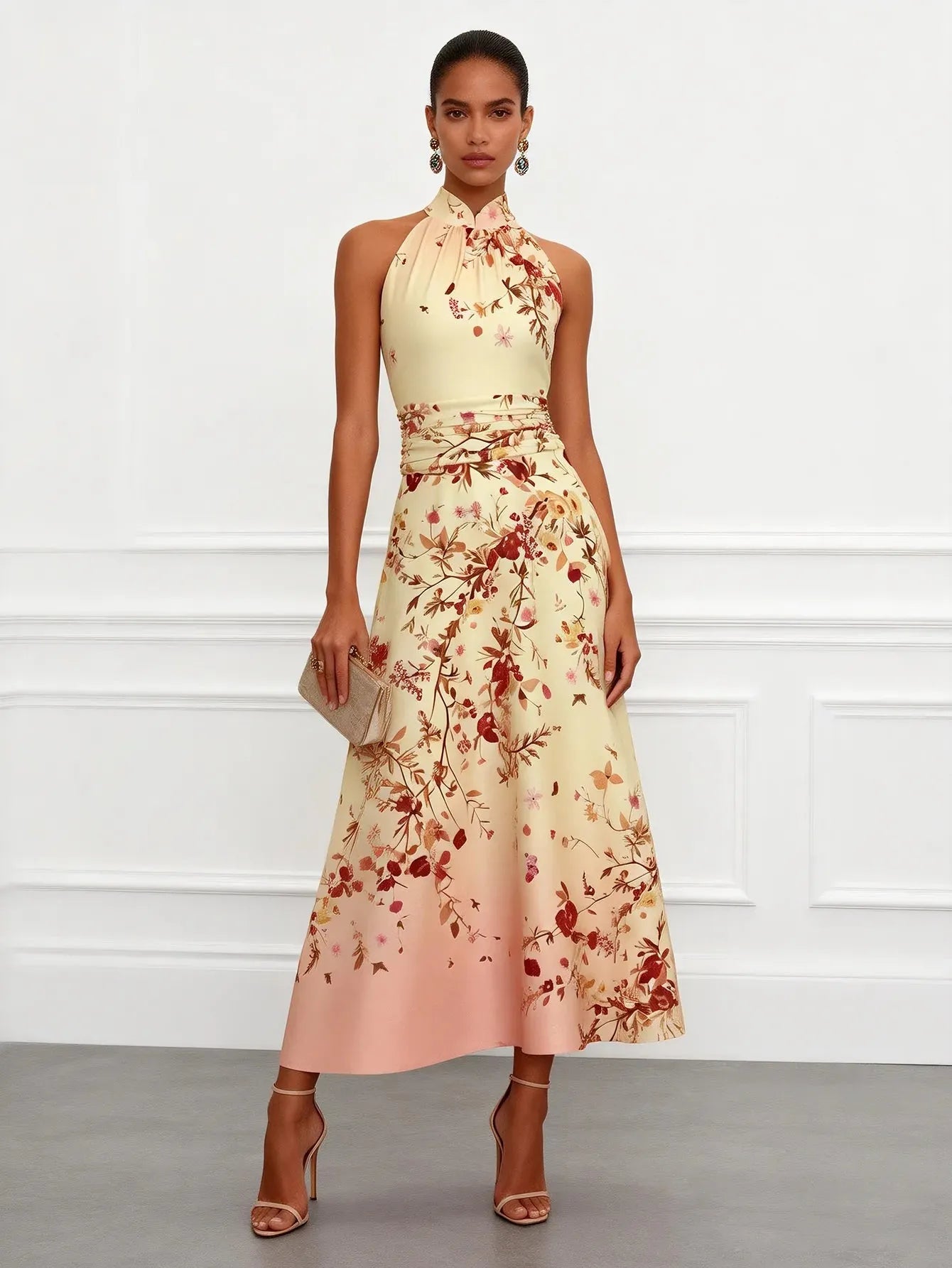 Pale Yellow Floral Classic Halter Mock Neck Sleeveless A-Line Maxi Dress