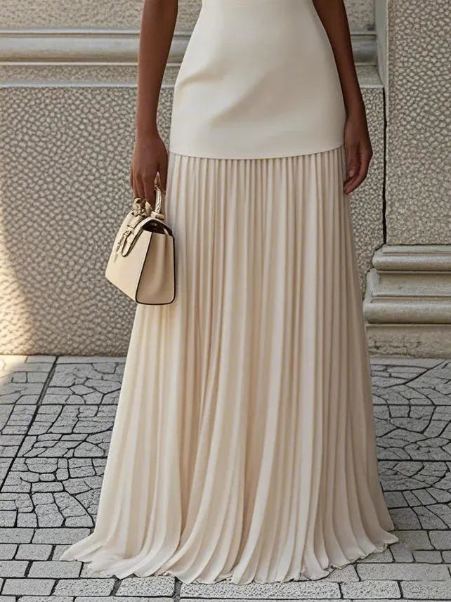 Off White Pleated Classic Boat Neck Sleeveless A-Line Floor-length Gown Dress