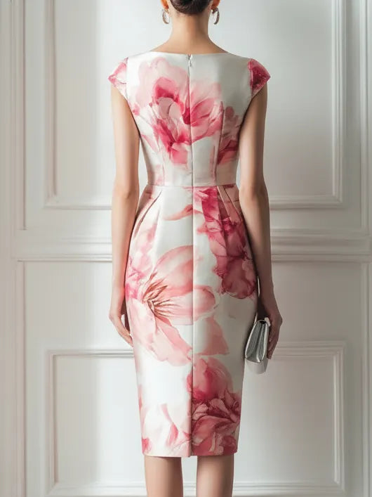 Pink Floral Satin Boat Neck Short Sleeve Sheath Midi Dress