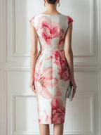 Pink Floral Satin Boat Neck Short Sleeve Sheath Midi Dress