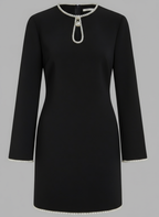 Black Faux Pearl Cut Out Classic Crew Neck Long Sleeve Sheath Mini Dress