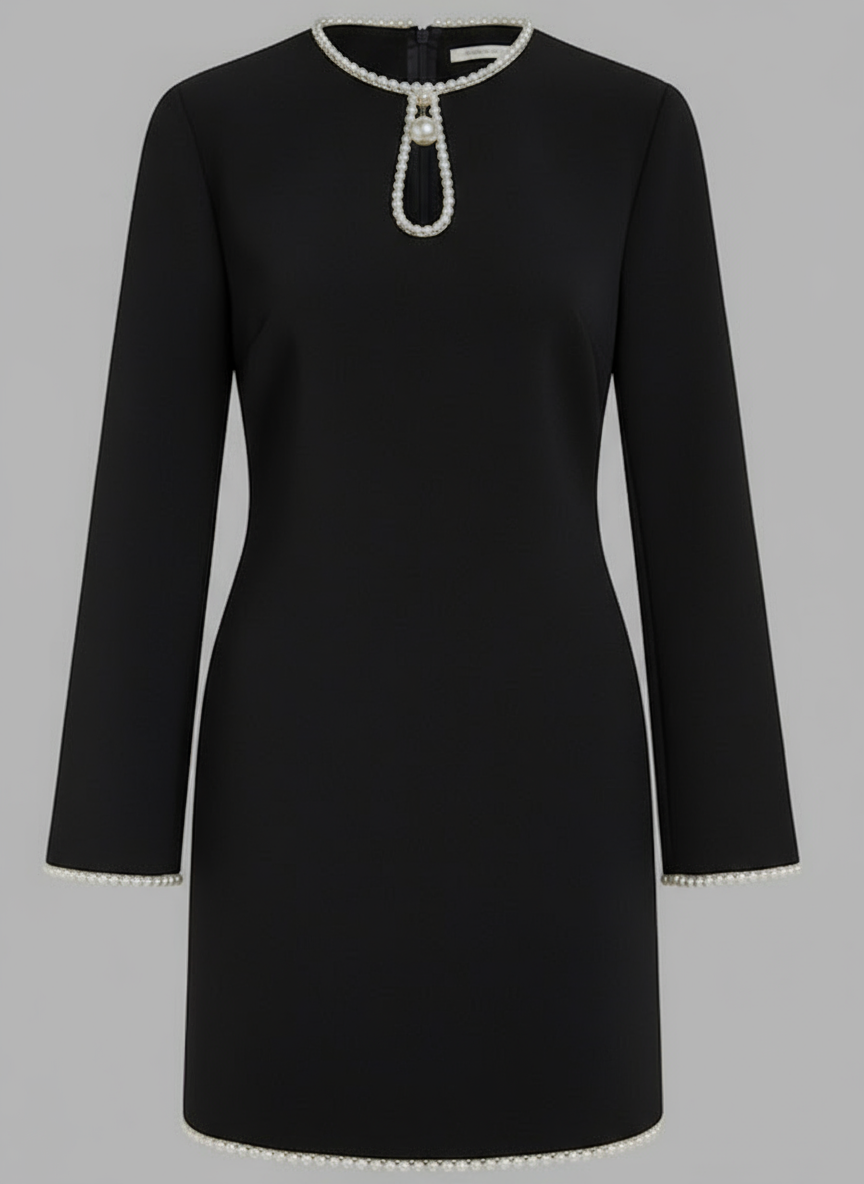 Black Faux Pearl Cut Out Classic Crew Neck Long Sleeve Sheath Mini Dress