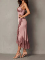 Elegant Blush Satin Lace-Trim Slip Midi Dress With Asymmetric Hem