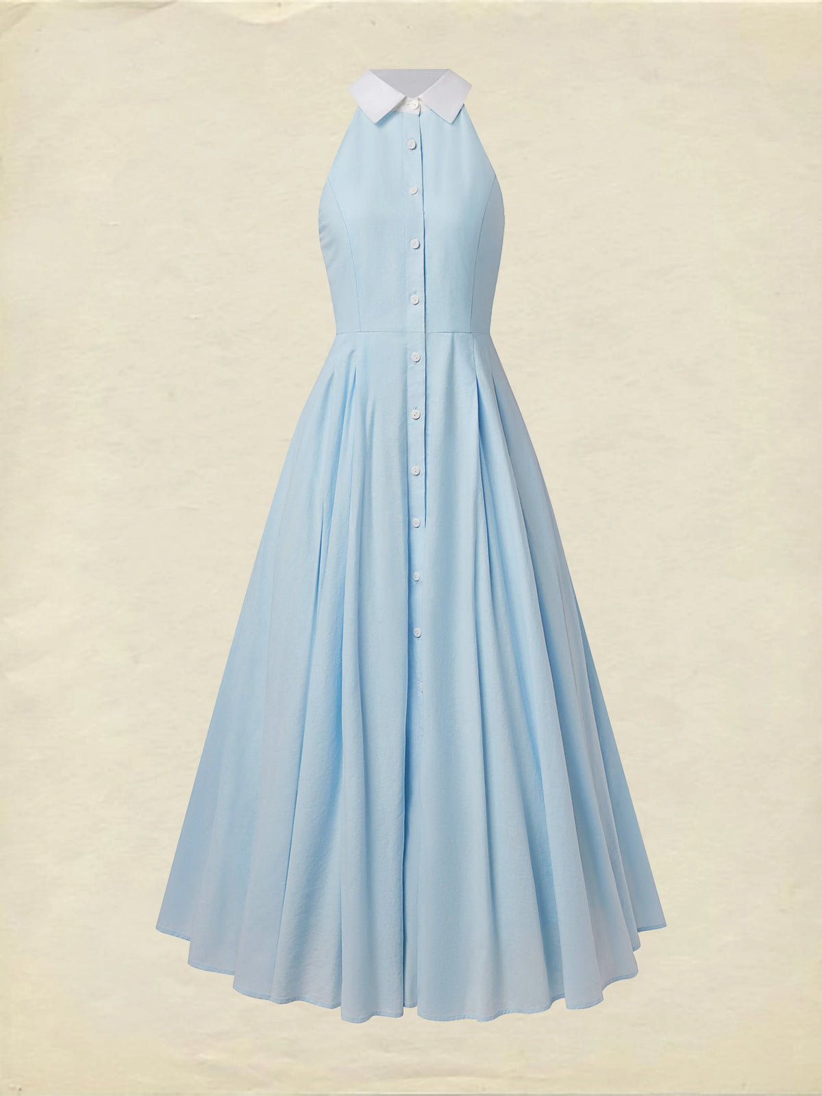 Maxi Linen Dress, Sleeveless, Shawl Collar, Plain, Button Design, Vintage, Blue