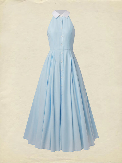 Maxi Linen Dress, Sleeveless, Shawl Collar, Plain, Button Design, Vintage, Blue