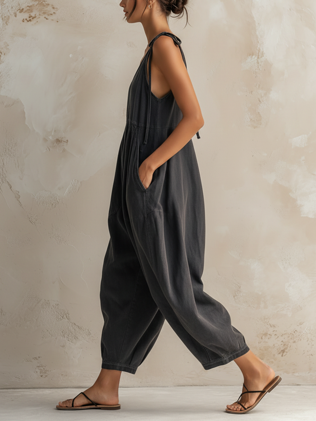 Washed Dark Gray Tencel Denim Tie Strap Harem Jumpsuit