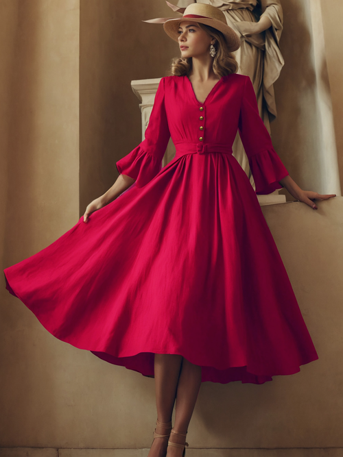 Linen Maxi Dress, 3/4 Sleeve, V Neck, Jane-Inspired Vintage, Tea Party, Linen Blend, Red, Belt