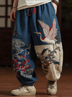 Men's Japanese Red-crowned Crane Art Contrast Wide Leg Linen Pants