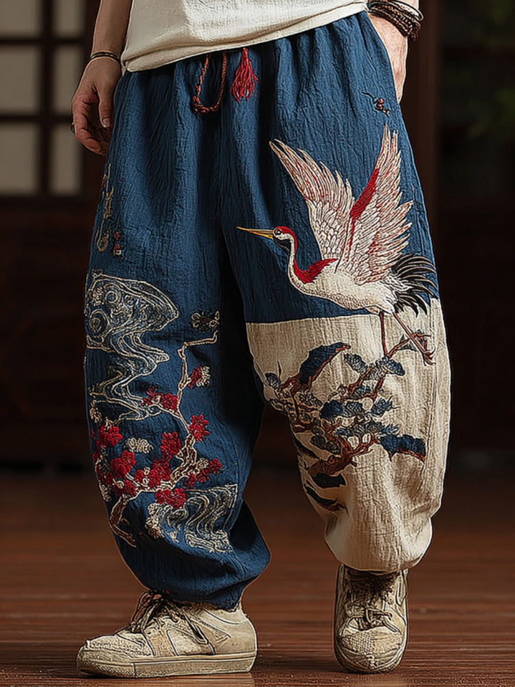 Men's Japanese Red-crowned Crane Art Contrast Wide Leg Linen Pants